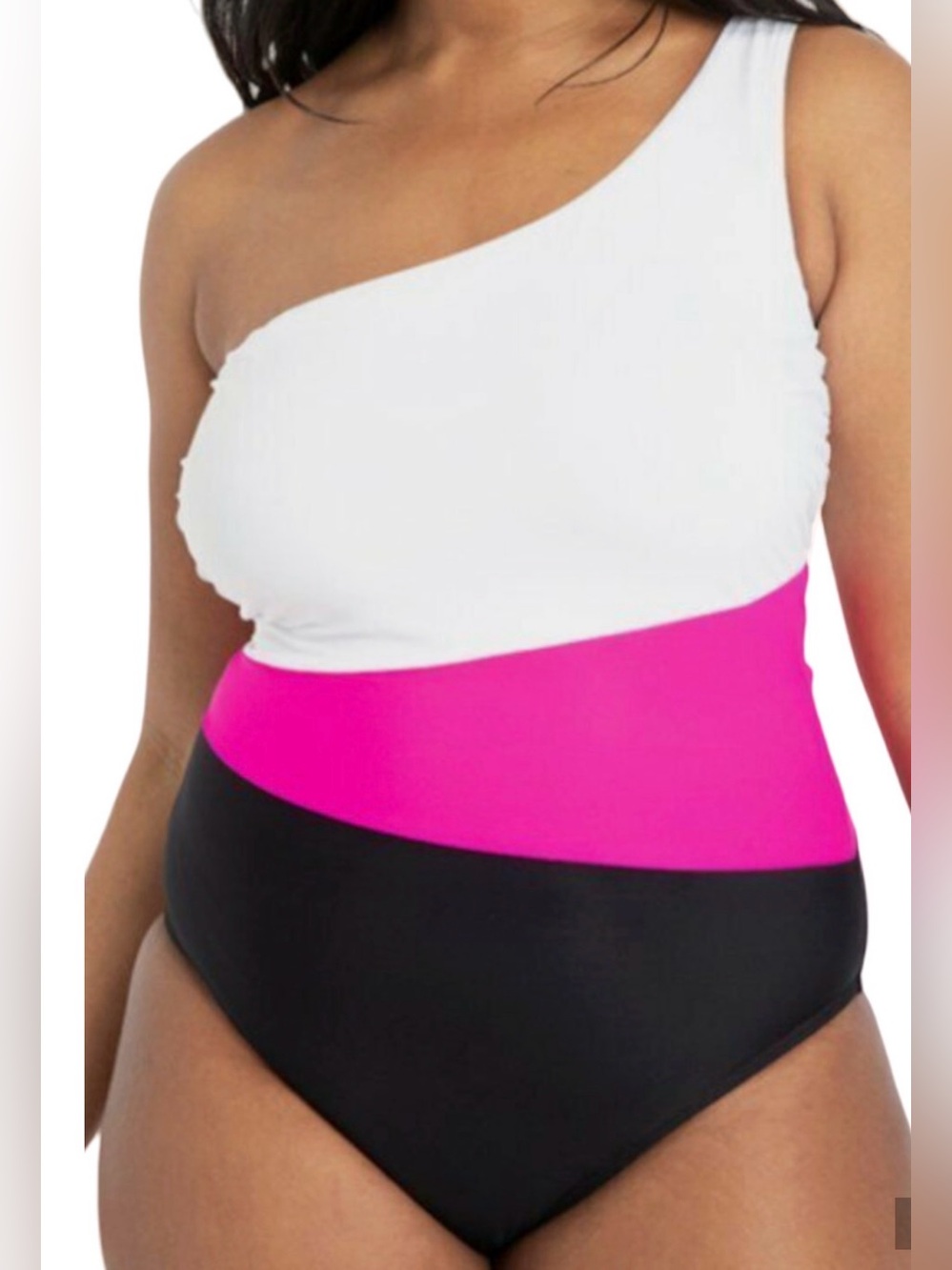 NEW ELOQUII BLACK PINK WHITE COLORBLOCK ONE SHOULDER ONE PIECE SWIMSUIT SIZE 22
